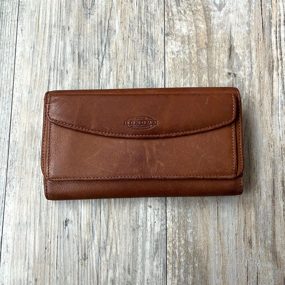 Sonoma Wallet Leather Brown Y2K Folding Card Holder ID Holder Snap Zip Rustic